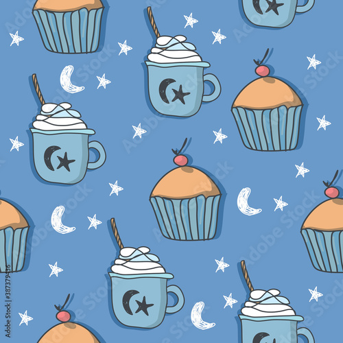 Vector seamless pattern with Christmas elements for background. New Year's, cozy, cute elements.