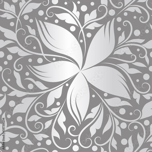 Grey and silver leaves seamless pattern. Vintage vector ornament template. Paisley elements. Great for fabric, invitation, background, wallpaper, decoration, packaging or any desired idea.