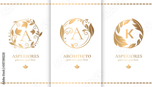 Set of golden frames with leaves in a circle shape. Can be used for jewelry, beauty and fashion industry. Great for logo, monogram, invitation, flyer, menu, background, or any desired idea.