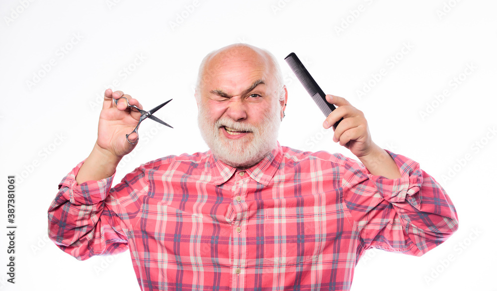 Barber work with sharp scissors. Barbershop concept. Man bearded handsome hairstylist barber use tool styling beard. Male haircut. Cut hair. Barber use professional equipment. Hairdresser service Barber work with sharp scissors. Barbershop concept. Man bearded handsome hairstylist barber use tool styling beard. Male haircut. Cut hair. Barber use professional equipment. Hairdresser service