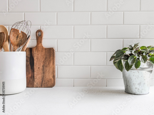 Kitchen background with kitchen utensils and houseplant photo