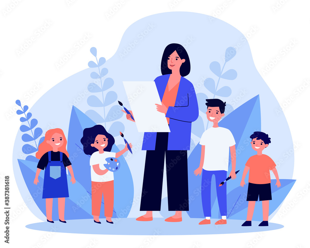 Woman teaching children to draw. Art, school. Flat vector illustration. Education and entertainment concept can be used for presentations, banner, website design, landing web page