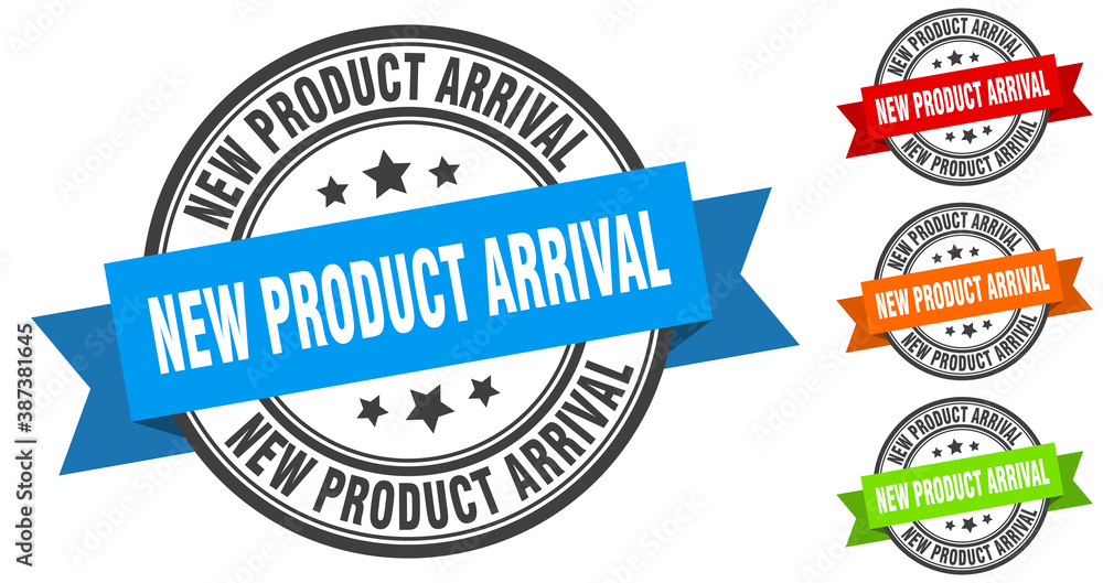 new product arrival stamp. round band sign set. label new product arrival stamp. round band sign set. label