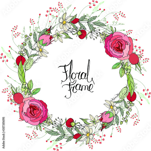 Round frame with pretty flowers roses. Festive floral circle for your season design.