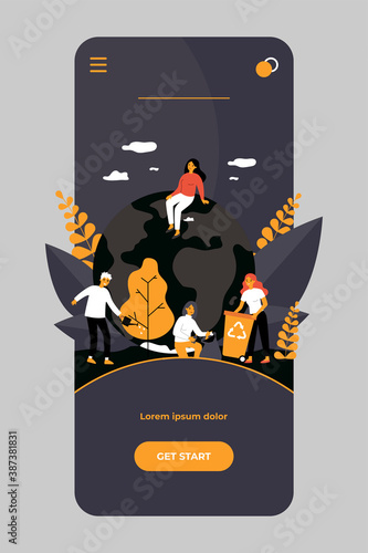 Group of eco volunteers working outdoors. Young people planting tree, collecting garbage flat vector illustration. Environment, planet care concept for banner, website design or landing web page