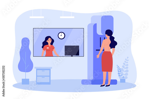 Woman doing breast examination in clinic flat vector illustration. Cartoon doctor taking mammogram on machine for cancer diagnostics. Mammography and technology concept