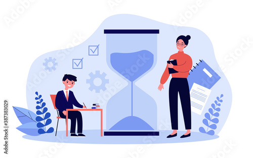 School student taking writing exam, teacher watching him. Hourglass, books. Flat vector illustration. Education concept can be used for presentations, banner, website design, landing web page