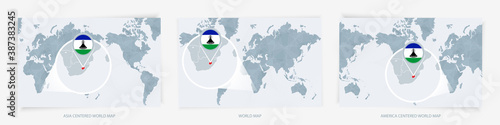 Three versions of the World Map with the enlarged map of Lesotho with flag.