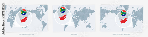 Three versions of the World Map with the enlarged map of South Africa with flag.