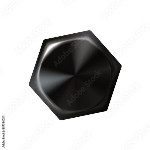 Bluing metal realistic bolt head, black screw cap. Twisted in surface object isolated on white background. Macro chrome top view of wide a hat for blueing metalwares. Vector illustration.