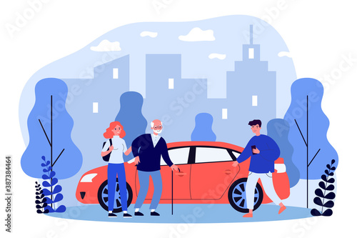 Young people helping aged person with sitting down in taxi. Assistance, trip. Flat vector illustration. Driver service concept can be used for presentations, banner, website design, landing web page