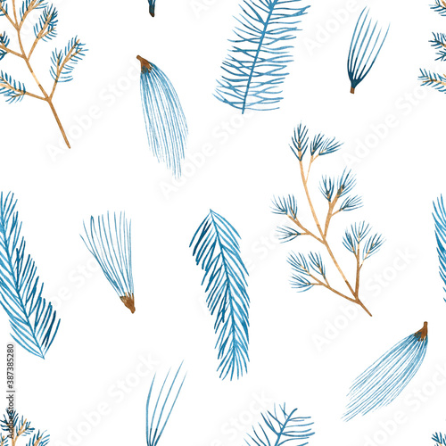 Watercolor winter fir tree branches seamless pattern. Hand drawn Christmas blue spruce, pine tree branches illustration for greeting cards, invitations, winter holiday party decor.