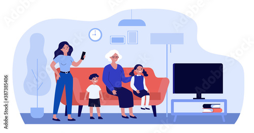 Family watching TV together at home. Pastime, happiness. Flat vector illustration. Leisure activities concept can be used for presentations, banner, website design, landing web page