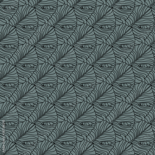 Dark tones abstract botanic seamless pattern with monstera outline ornament. Tropical leaves print in black and grey tones.