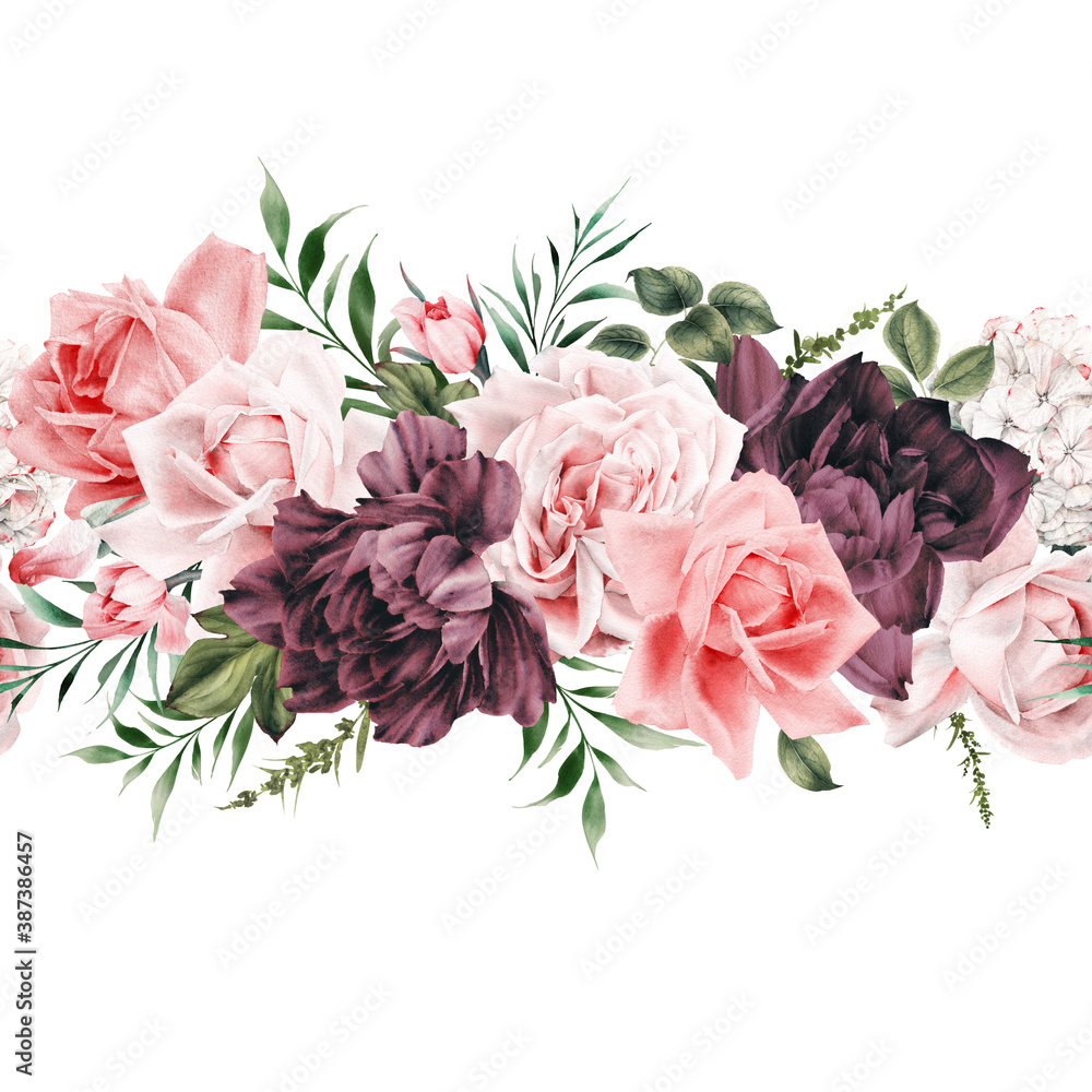 Seamless floral pattern with flowers on summer background, watercolor illustration. Template design for textiles, interior, clothes, wallpaper