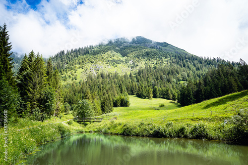 Austria mountain and lake landscape with clouds and fog and green forest
