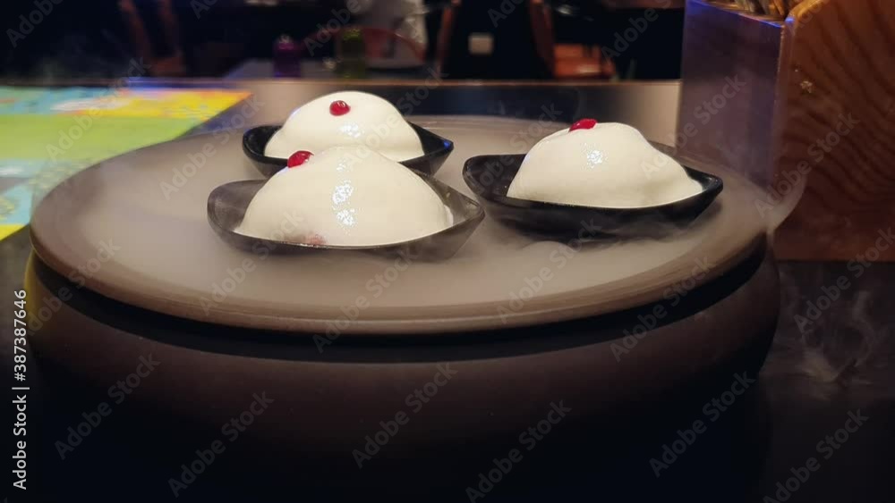 ice cream with dry ice. Cryogenic ice cream with liquid nitrogen. Ice