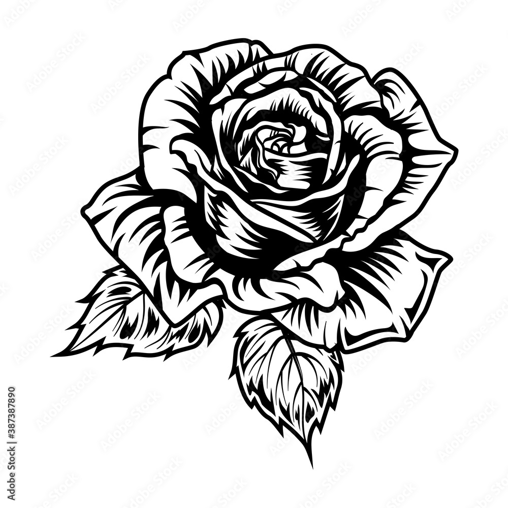 Retro black tattoo rose. Vintage art element on white background. Flat vector illustration. Tattoo studio and design elements concept