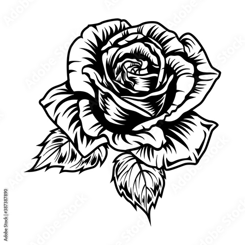 Retro black tattoo rose. Vintage art element on white background. Flat vector illustration. Tattoo studio and design elements concept photo
