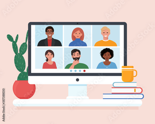 Video conference with people group, friends meeting. Computer screen. Vector illustration in flat style