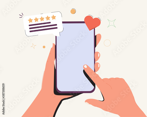 Holding phone in hand and rate content with a star mockup. Empty, editable screen for online shopping, marketing.