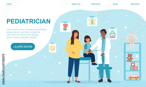 Pediatrician appointment concept. A pediatrician listening with a phonendoscope to a child  his mother is standing nearby. Flat cartoon vector illustration. Web page template