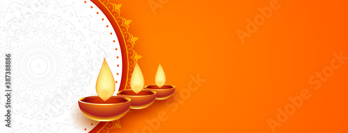 happy diwali orange diya banner with text space