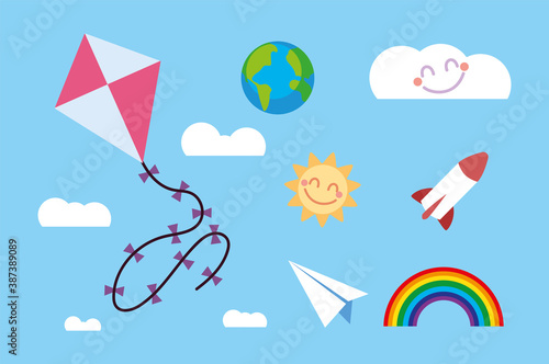 kids toy kite, rocket, paper plane, rainbow sky clouds