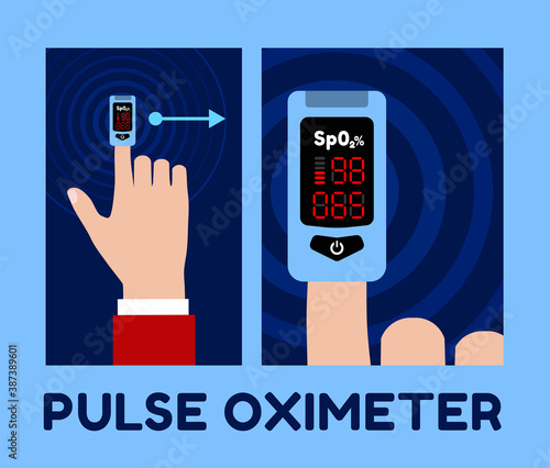 Pulse oximeter on the index finger. Blood oxygenation measurement. Vector illustration in flat style