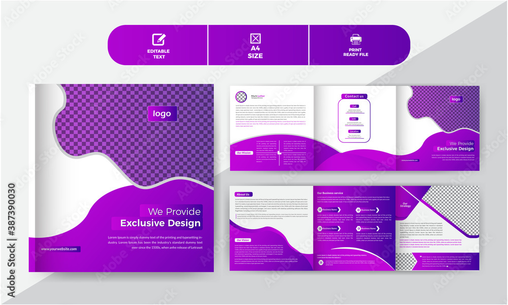 Square trifold brochure template design, Business brochure, corporate brochure, Modern Template Design with purple Gradient,