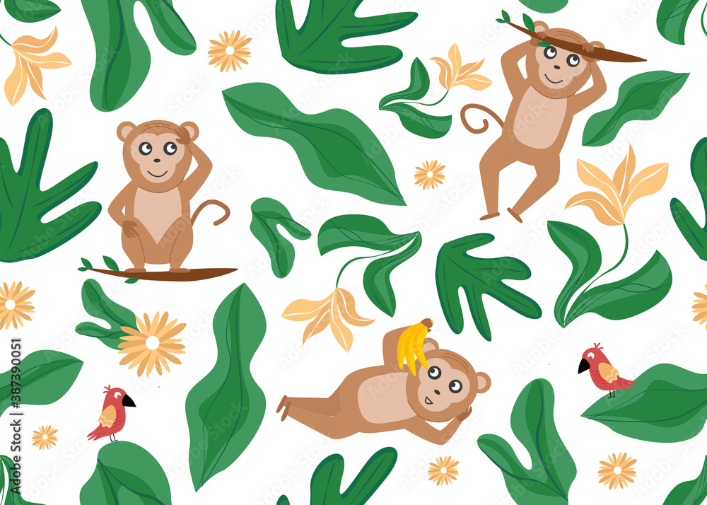 Fototapeta premium Vector illustration of seamless pattern with monkey, parrot, flower, plant leaves