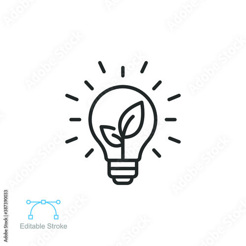 Sustainable ecological energy icon. Shining electric ecology light bulb with leaf inside. Go green lamp tube silhouette. Editable stroke. Line vector illustration. Design on white background. EPS 10