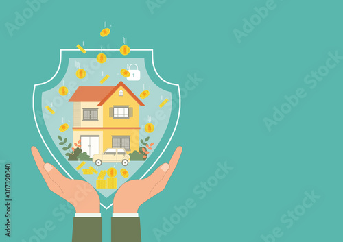 Protection money, Vector illustration EPS10 of Businessman holding model house and gold coin money with the car on green background, Finance insurance and Safe investment concept