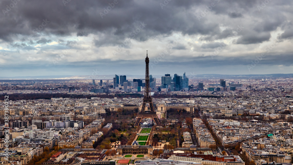 The famous Paris skyline on a gray, cloudy day