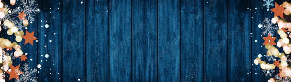 Christmas / Advent background banner Panorama, card template -Orange stars, bokeh lights, ice crystals and snowy snowflakes, isolated on dark blue wooden bards wall texture wood, with copy space Christmas / Advent background banner Panorama, card template -Orange stars, bokeh lights, ice crystals and snowy snowflakes, isolated on dark blue wooden bards wall texture wood, with copy space