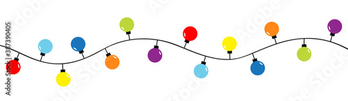 Christmas lights. Colorful string fairy light set. Lightbulb glowing garland. Round shape. Holiday festive xmas decoration. Rainbow color. Flat design. White background. Isolated.
