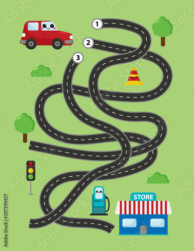 Labyrinth for preschool children. Help the car find right way to market. Cute cartoon kawaii characters. Printable maze game.