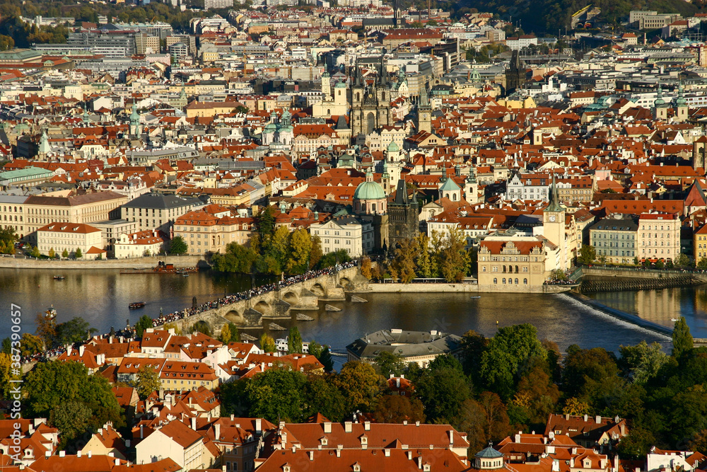 View of Prague Old Town From Lesser Town. The photo shows Vltava river and  Charles Bridge, St. Francis Of Assisi Church, Church of Our Lady before Tyn.