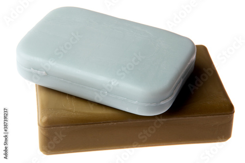 A stack of natural colorful soap isolated on white background. Studio shot. Hygiene theme - bacteria and virus prevention