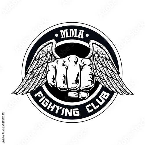 Fight club label with fist and wings. Boxing and fighting club logo with fist. Isolated vector illustration. Sport, kickboxing, mixed martial arts and design elements concept