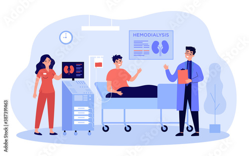 Patient getting kidney disease treatment or dialysis flat vector illustration. Cartoon doctors doing hemodialysis in hospital for man. Medicine and health care concept