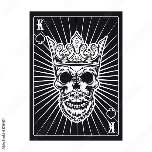 Black king skull on playing card. Spade. Flat vector illustration for gambling, poker club, online game concept