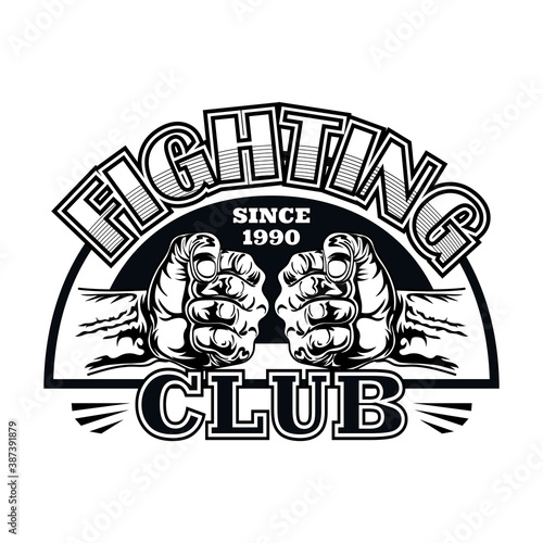 Flat emblem for fight club with two fists. Boxing and fighting club logo with fist. Isolated vector illustration. Martial arts, sport and kickboxing design elements concept