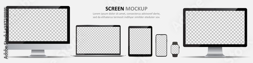 Screen mockup. Computer monitors, laptop, tablet, smartphone and smartwatch with blank screen for design photo