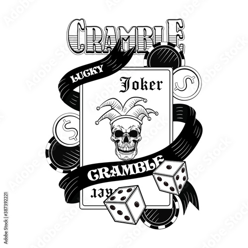 Gangster casino skull flat image. Vintage logotype, sticker, print with playing cards, joker, hat, money, dice. Vector illustration for poker club labels, gambling concept