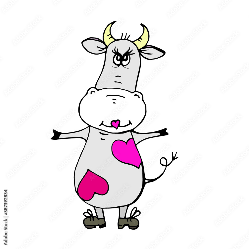 cartoon cow with hearts on its chest on a white background cartoon cow with hearts on its chest on a white background