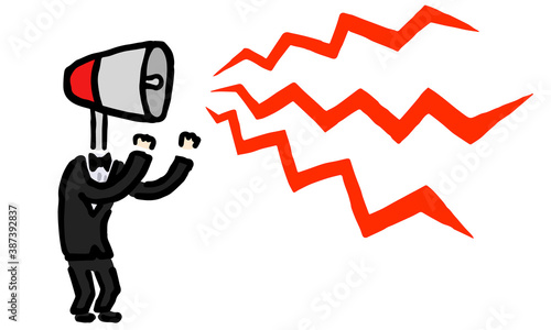 Megaphone head man shouting : Hand drawn vector illustration like woodblock print