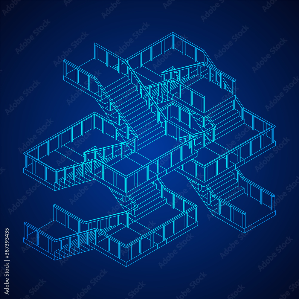 Wireframe stairs, interior staircases steps with railing