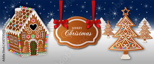 merry christmas banner with gingerbread house and trees
