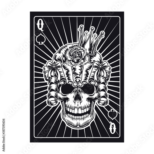 Playing card with queen skull in wig. Spades. Flat vector illustration for gambling, poker club, online game concept
